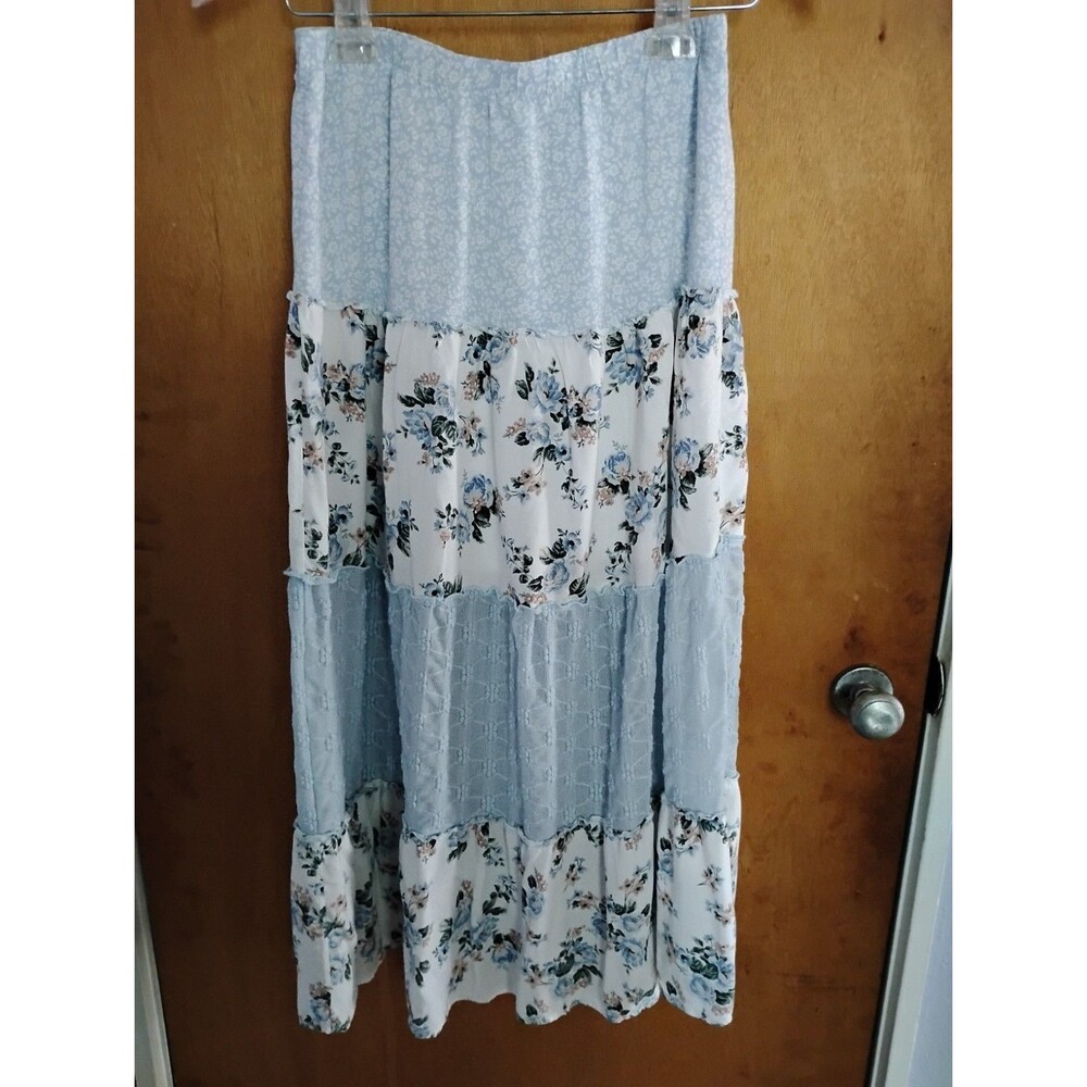 No Comment Blue White Long Tiered Patchwork Maxi Skirt Boho Hippie Cottage SizeM